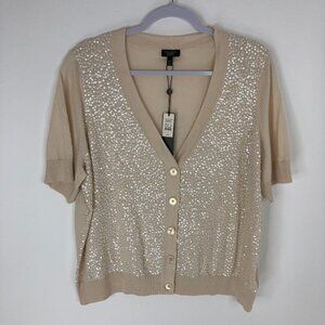 Talbots Women Cream Sequin Button Up Short Sleeve V-Neck Cardigan Size 2XP NWT